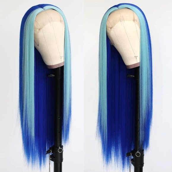 Blue Hair Highlights Middle Part Wig - Picture 1 of 3